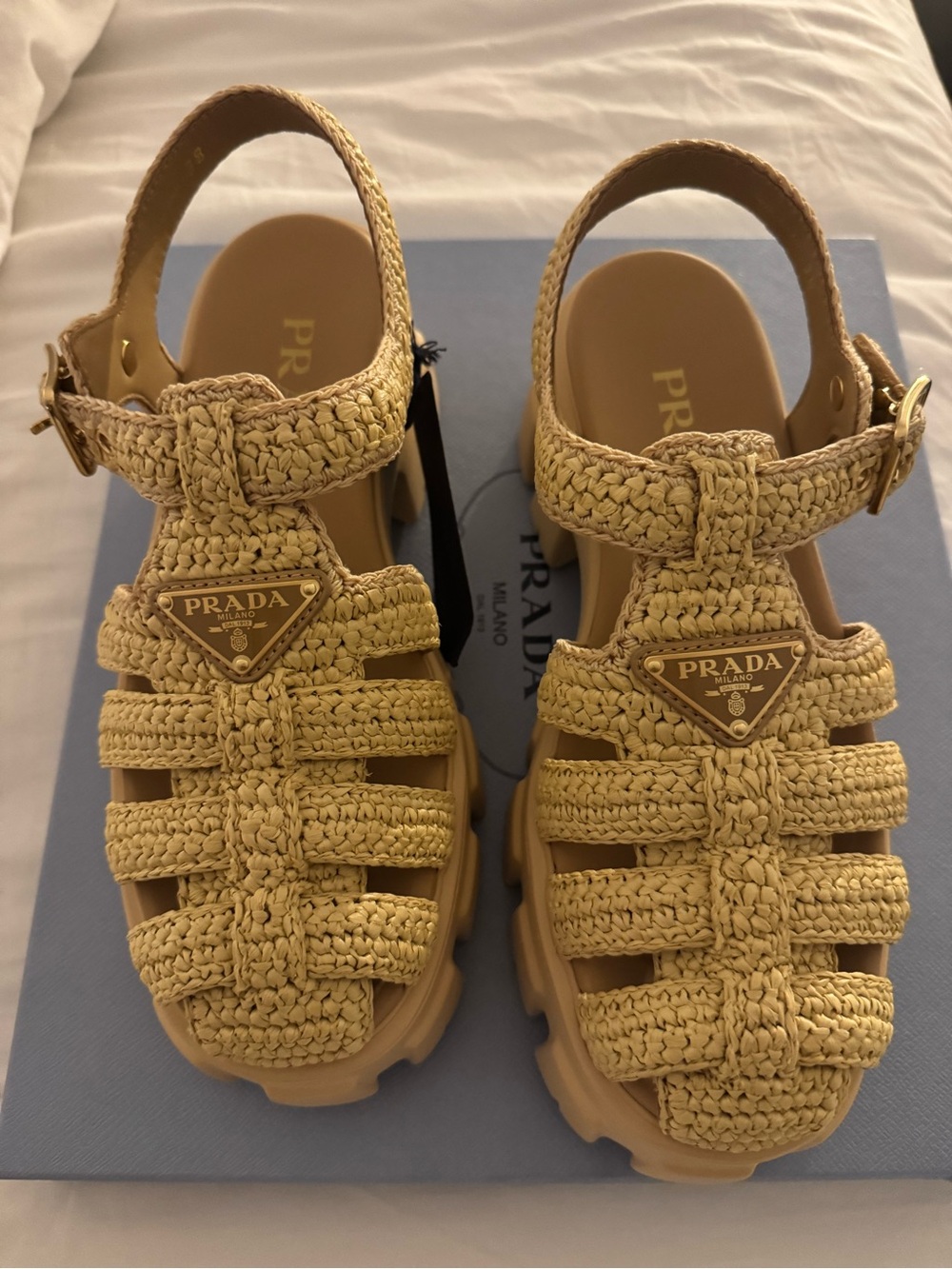 Prada Women’s Cream Woven Fisherman Sandals with Gold Logo - Picture 4 of 6